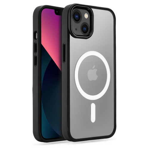 iPhone 13 with black silicone edges, with transparent plastic back MagSafe case