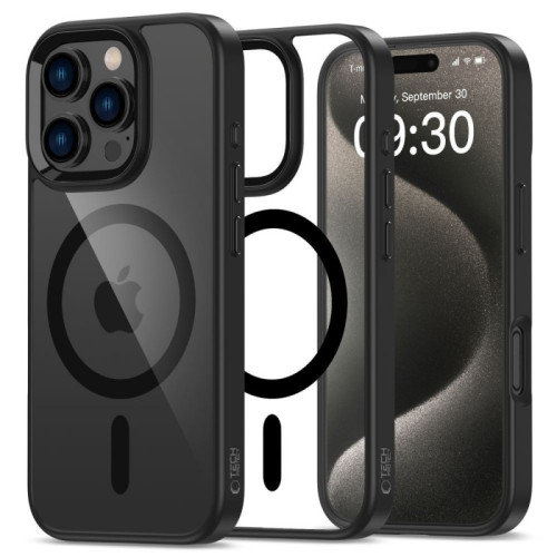 iPhone 16 Pro must/läbipaistev Magmat MagSafe silikoonümbris.