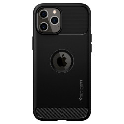 iPhone 12/12 Pro must Spigen Rugged Armor silikoonümbris.