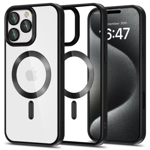 iPhone 16 Pro, must/läbipaistev MagFlex MagSafe ümbris.