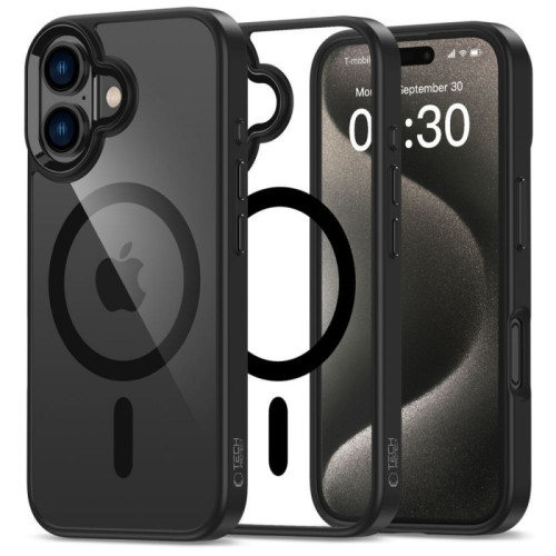 iPhone 16,  must /läbipaistev MagSafe silikoonümbris.