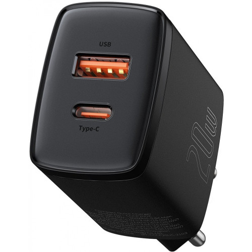 Сетевой адаптер Baseus для iPhone, быстрая зарядка, USB/USB‑C, 20W (чёрный)